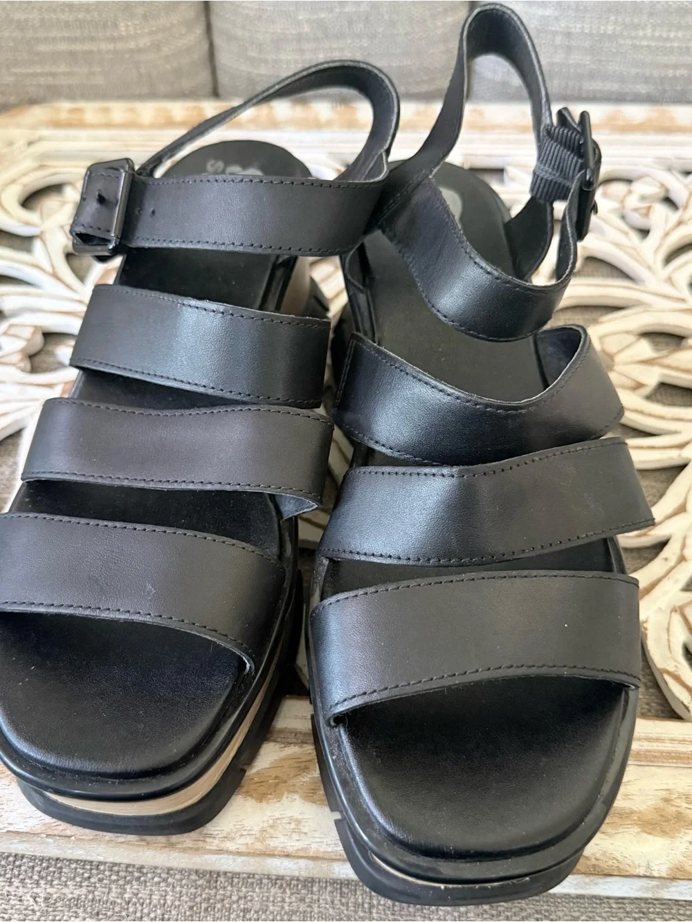 Sorel Black Leather Wide Strap Wedge Platform Sandals Shoes Women’s 10 - Picture 10 of 12